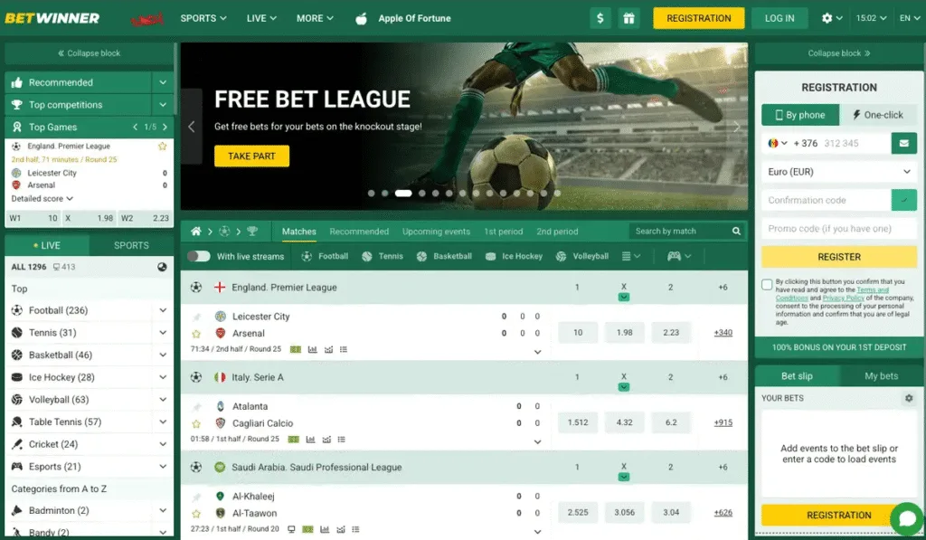 Betwinner homepage screenshot