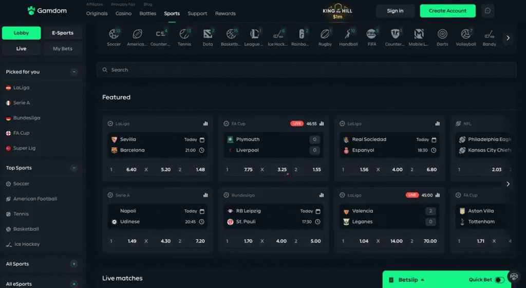 Gamdom is one of our favourite crypto bookmakers thanks to fair prices, a good mix of fiat payment options to buy crypto directly onsite, and a strong reputation and player-friendly approach.