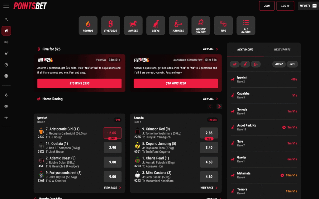 PointBet Australia homepage screenshot with UX, market prices, and navigation features like promos, horses, greys, harness, and more