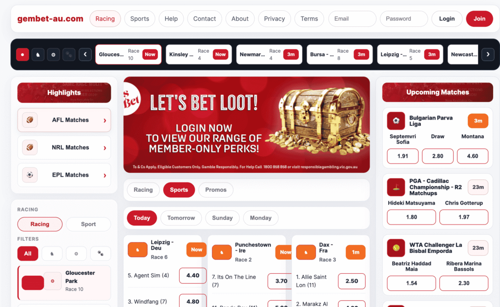 Gembet Australia uses GenerationWeb software and appears to be connected to LetsBet australia. The betting site plans to offer betting on horses, greyhounds, harness racing, along with a complete sports betting section. EPL, AFL, and NRL appear to be offered at Gembet australia.