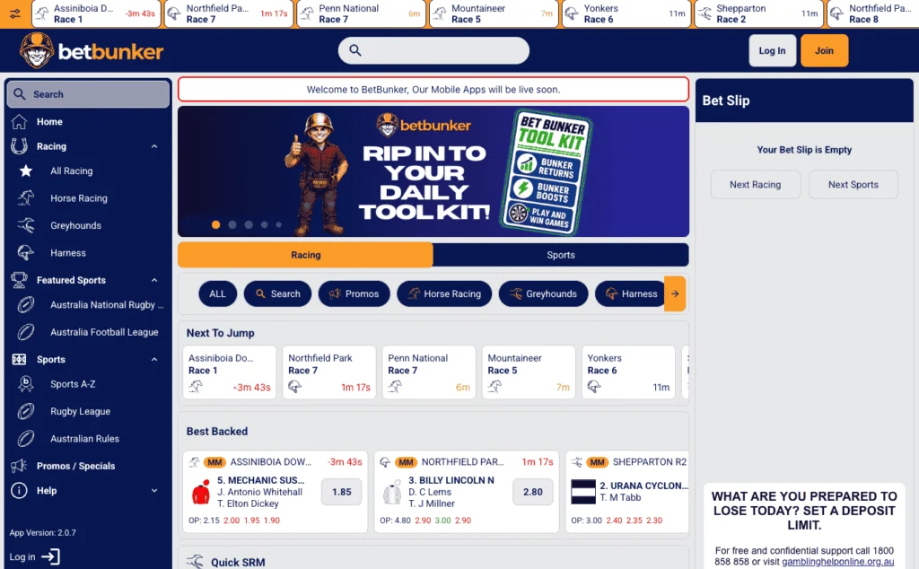 Bet Bunker Australia homepage shows the classic PuntersTech layout with access to sports betting alongside horses, greyhounds, and harness racing.