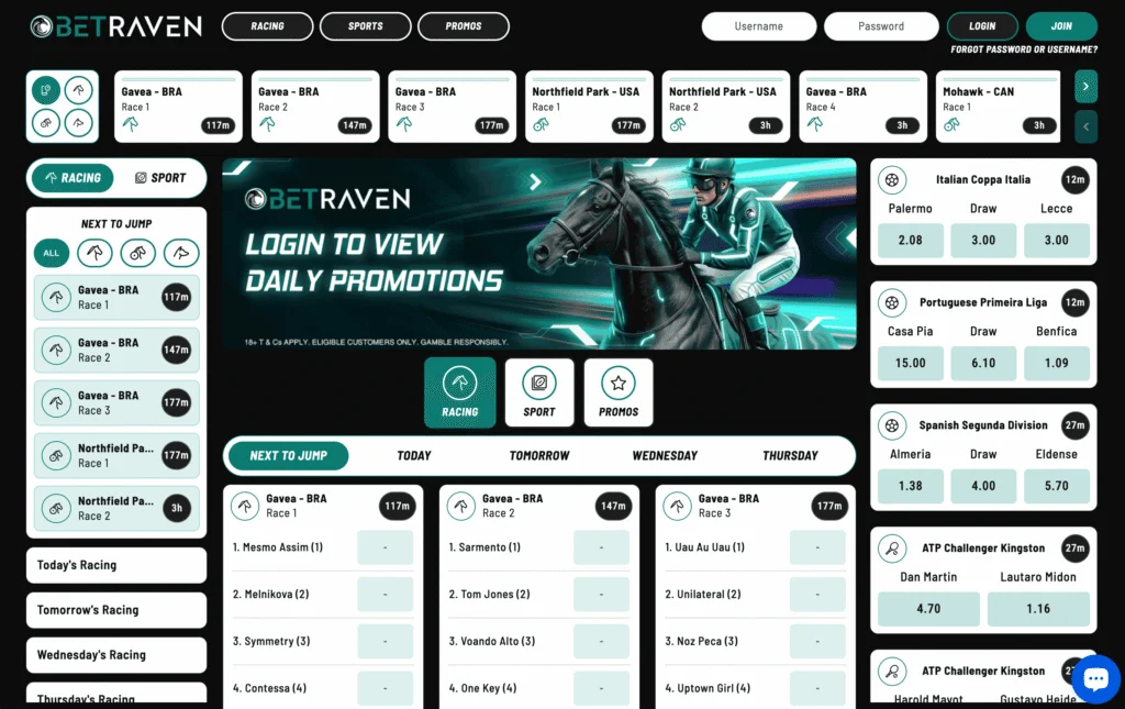BetRaven Australia homepage shows navigation across sports betting and racing fields along with a banner promising daily promotions.