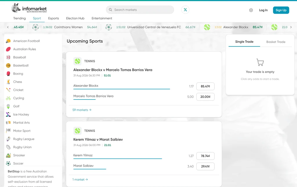 Infomarket's sport section shows events across several sports including australian rules, rugby league, and rugby union.
