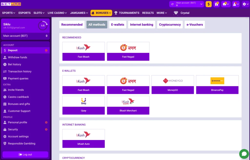 BetJam Bangladesh payment method page covers fast bKash, fast Nagad, Upay, bKash merchant, BinancePay, and several other convenient optoins.