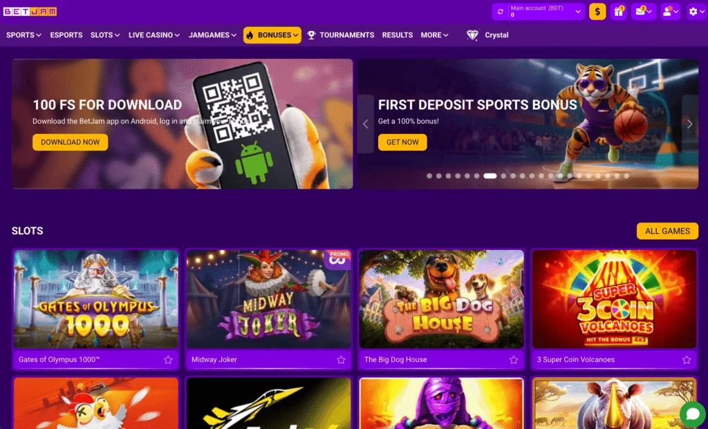 BetJam homepage shows gaming sections for sports betting, eSports, slots, live casino, tournaments, and more.
