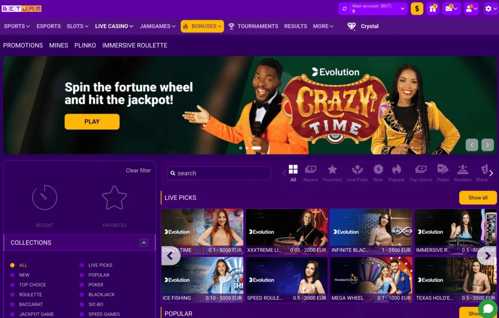 BetJam live casino interface shows games from the best providers in the industry, including Pragmatic Play Live, Evolution, Ezugi, and Winfinity.