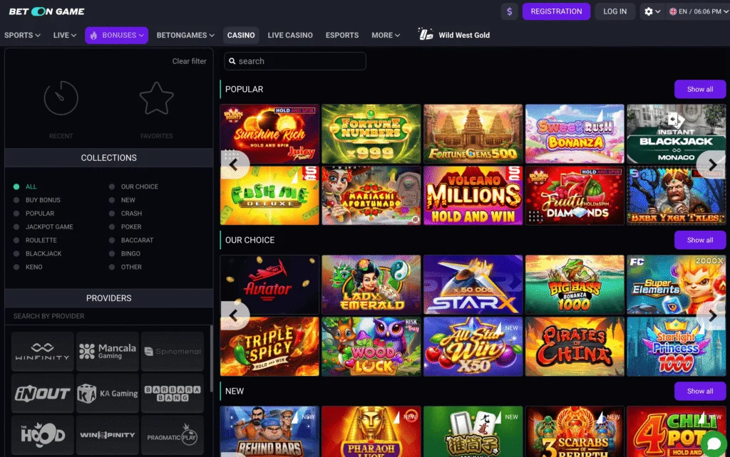 The casino section shows a cluttered design but more importantly a huge library of games across slots, crash, and live tables.