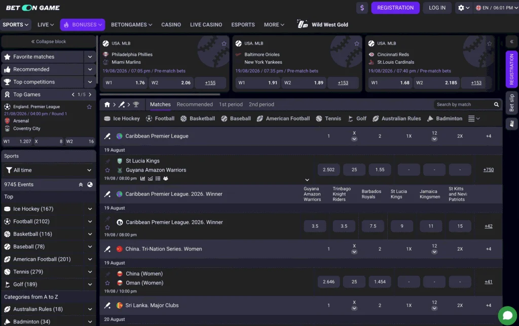 BetOnGame's sportsbook cricket section shows pre-match and live betting markets on hundreds of cricket games across the globe.