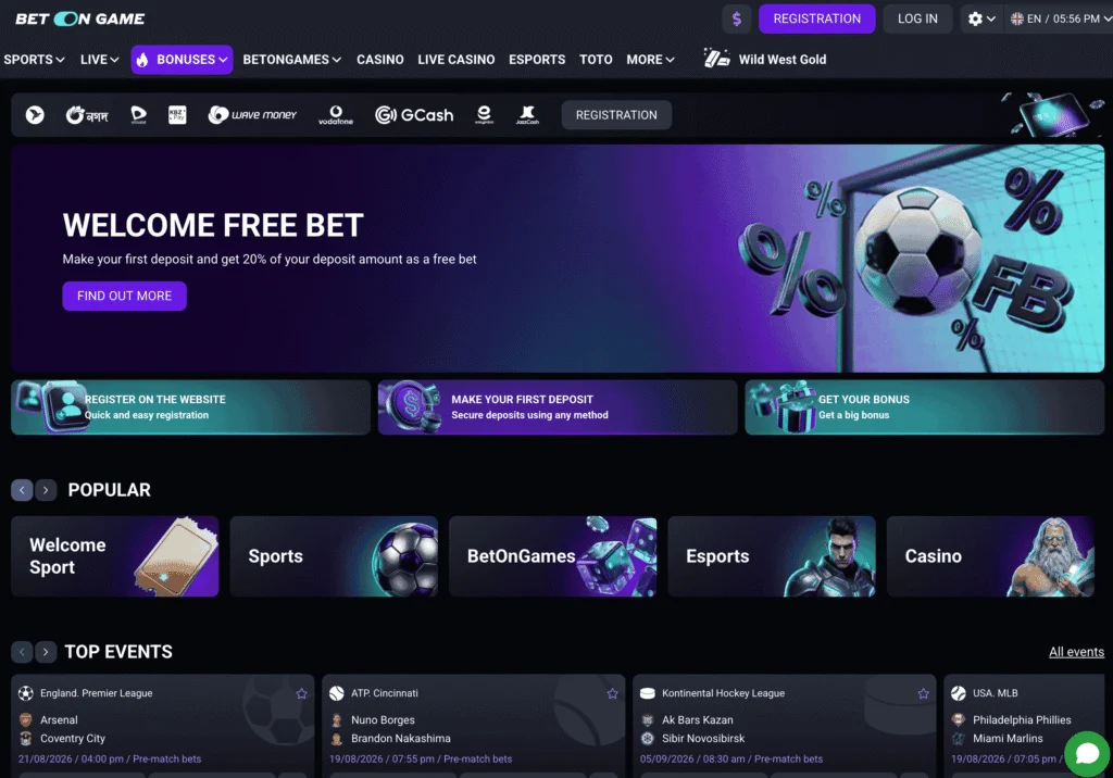 BetOnGame homepage shows a free bet promo for new players + navigation to their main betting products: sports, casino, live casino, esports, and TOTO.