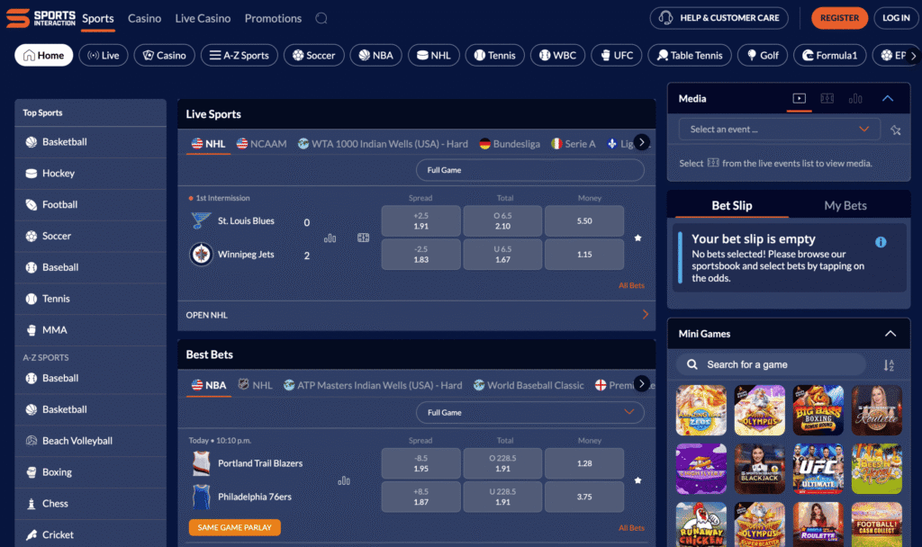Sports Interaction homepage screenshot