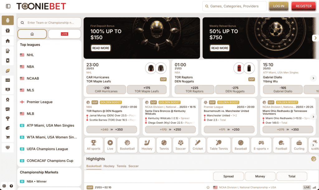  ToonieBet Canada sportsbook screenshot
