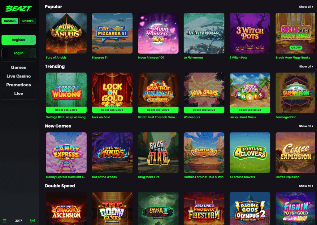 Beazt casino Canada is solid. Over 10k games from providers like Evolution, Pragmatic Play, Hacksaw Gaming, and more. Play slots, live casino tables, game shows, while collecting rewards such as 20% cashback. New players can also collect a casino welcome bonus up to $500.