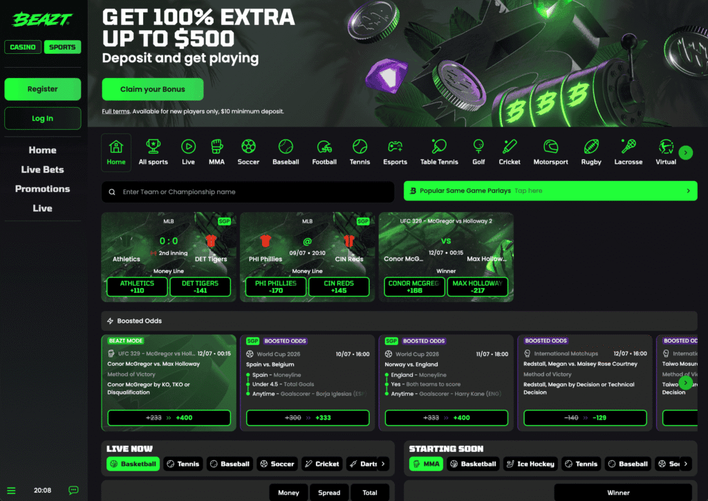 Beazt Canada offers a quality sportsbook with over 30 betting categories, fair prices, and an attractive welcome bonus for new players. The standout feature is their odds boost and Beazt Mode super boost promos which delivers odds you won't find elsewhere. You can also bet on international horse racing and greyhound racing.