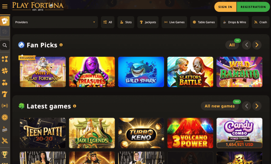Play Fortuna casino shows slot games, live casino tables, and an impressive catalogue of crash games.