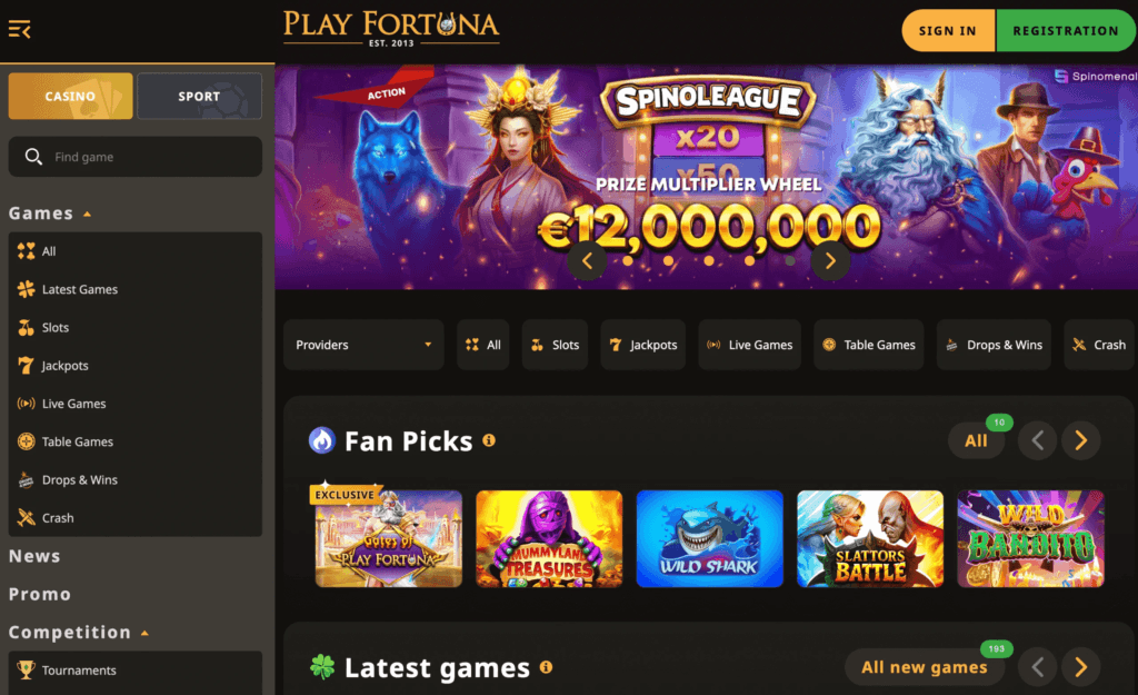 Play Fortuna homepage shows a pretty ugly design but easy navigation across casino games and sports betting markets.