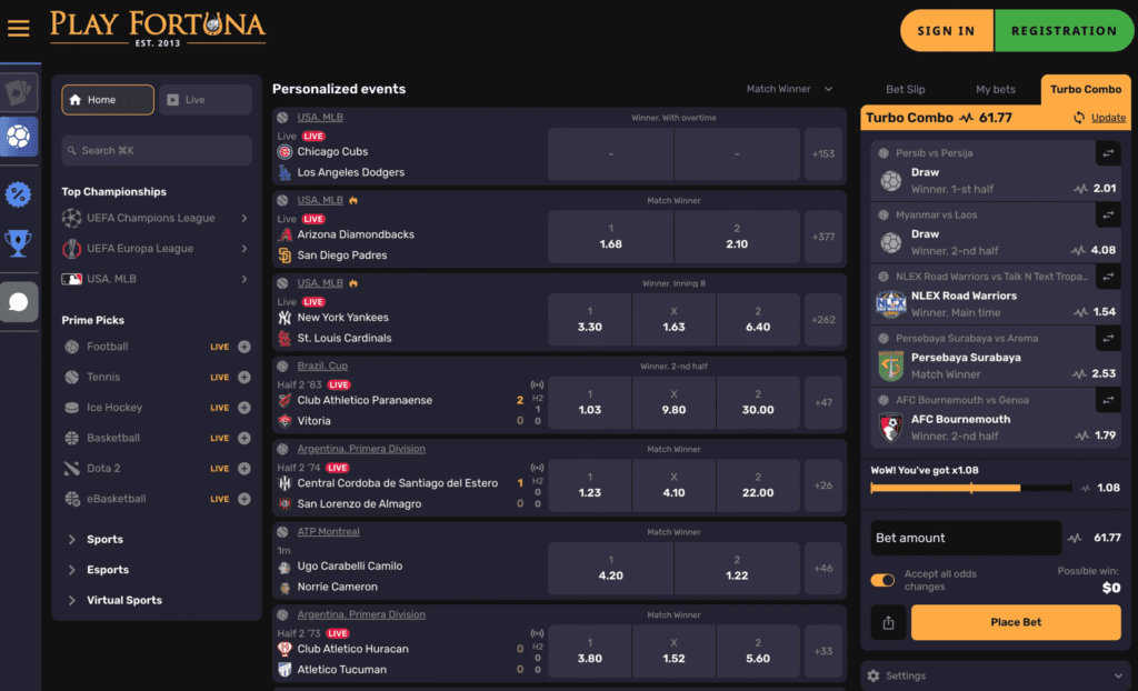 Play Fortuna sportsbook shows a simple but effective layout for live betting and prematch sports bets.