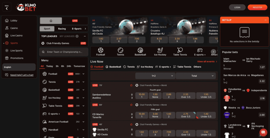 KumoBet is a new bookmaker in Estonia operated by Damagi Marketing Solutions LTD. The sportsbook shows a user-friendly layout with live betting and racing markets.