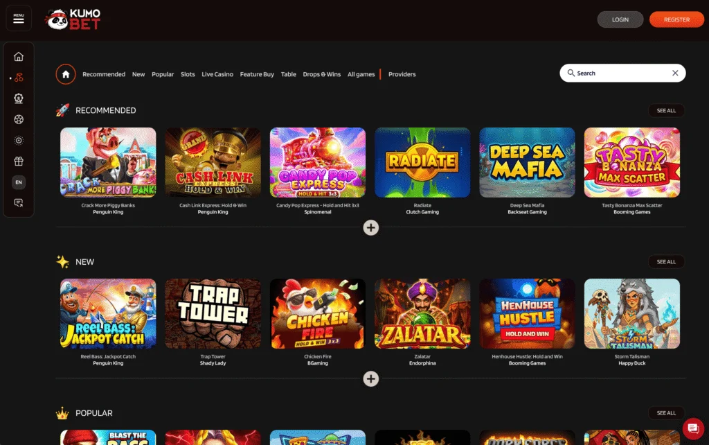 KumoBet Casino homepage shows a simple layout with easy navigation across slots, live casino games, and crash titles like Aviator.