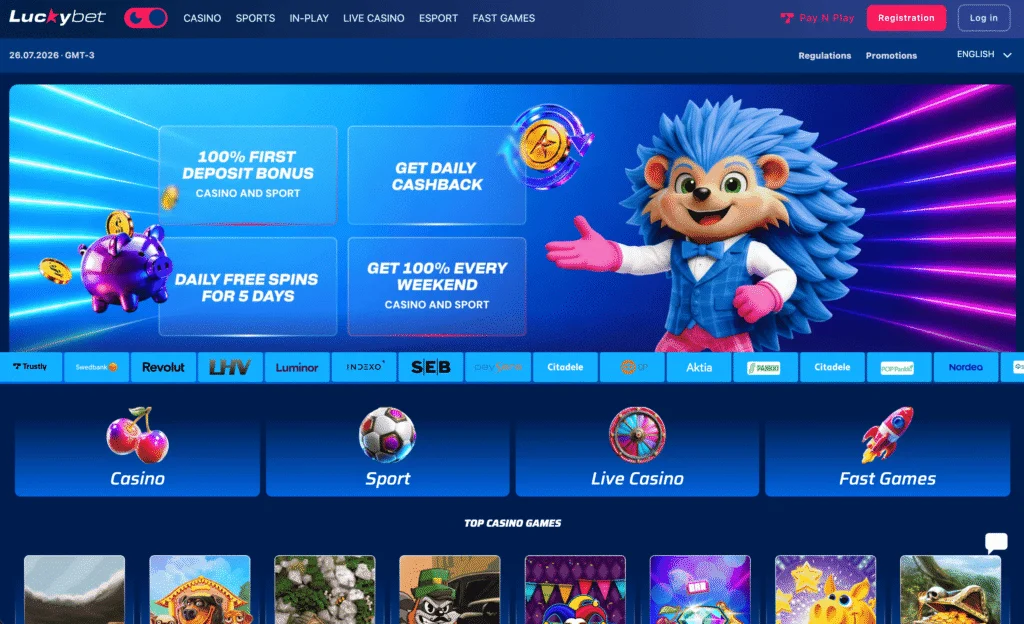 Luckybet Estonia's homepage shows quick navigation to casino, sportsbook, crash games, and live casino games, along with local payment methods (Trustly, Zimpler) + Smart-ID and Mobiil-ID onboarding.