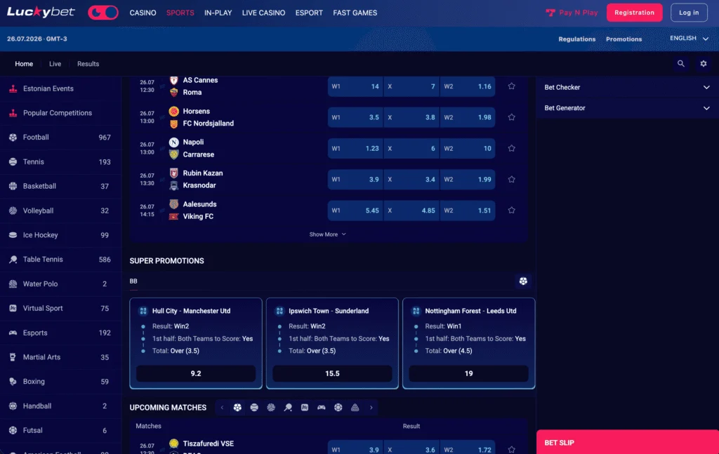 Luckybet Estonia sportsbook shows daily odds boost markets, simple bet builder combos, and a deep range of sports markets covering traditional sports and eSports.