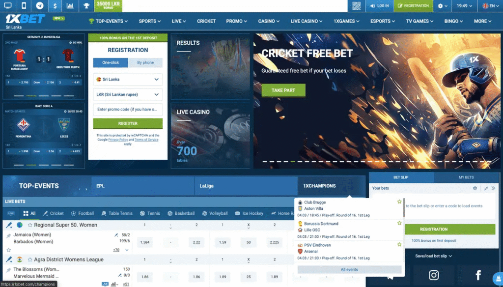 1xbet Sri Lanka homepage screenshot