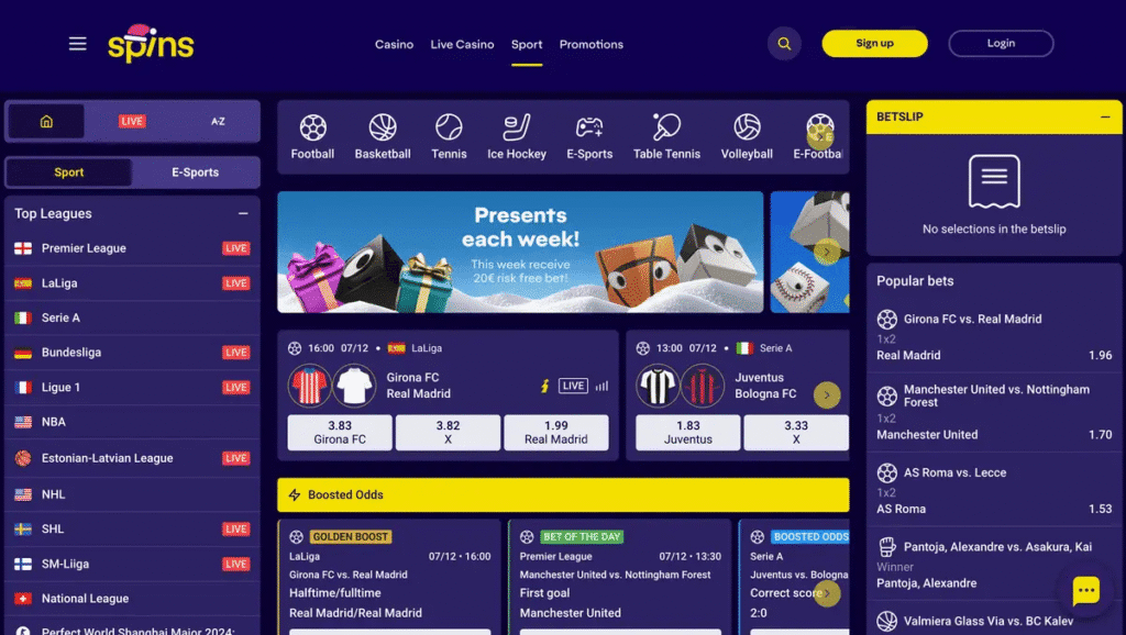 Spins homepage screenshot