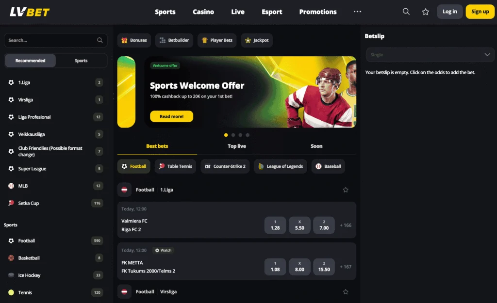 LV BET latvia homepage shows simple navigation to sportsbook, casino, Esport, live casino, and promotions categories.