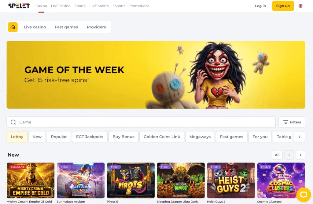 Spelet casino section has a clean interface with options to play slots, live game shows, table games, and more.