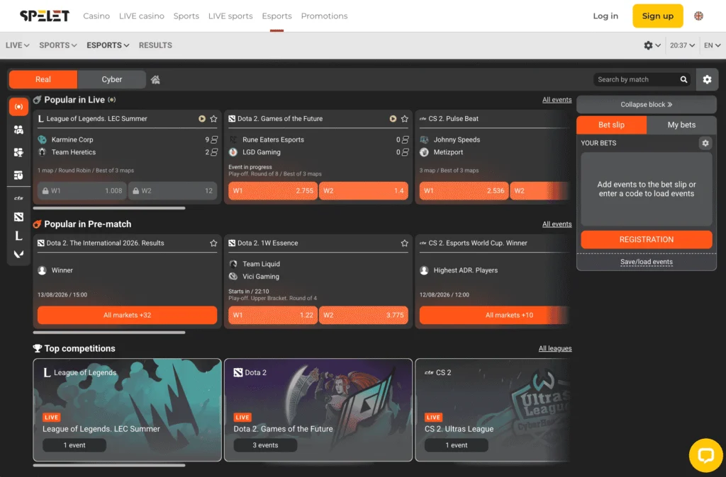 Spelet eSports betting section offers fair prices, competitive live betting prices, and live streaming integration.