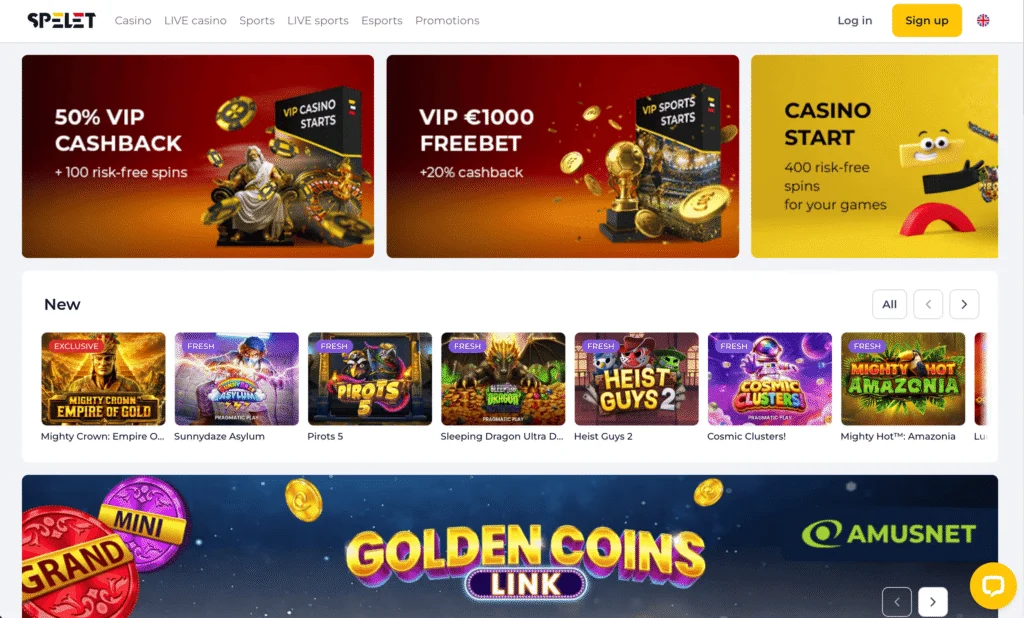 Spelet Latvia homepage shows VIP welcome bonus for new customers and quick navigation to their products for sports betting, casino, live casino, Esports, and live betting.