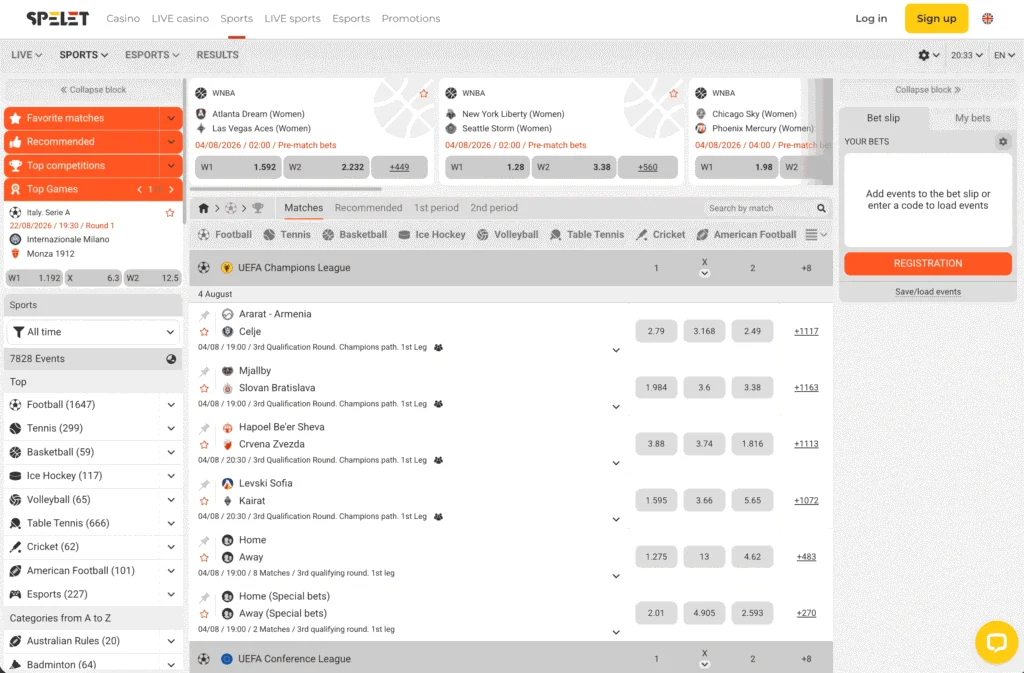 Spelet Latvia sportsbook shows prematch and live betting odds across all sports.