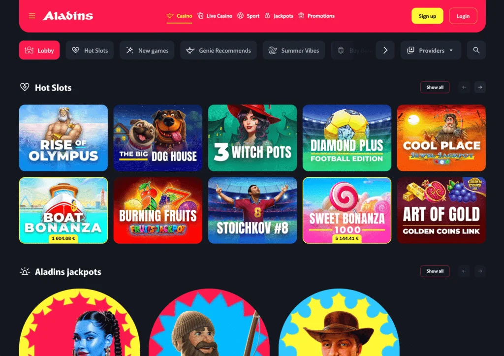 Aladins casino page shows simple navigation to slots, live casino games, and jackpot titles.