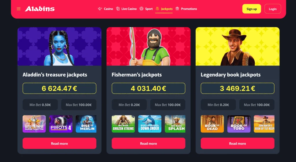 Aladins Latvia jackpot section shows 3 daily jackpots across casino games from ELK, Amusnet, and Pragmatic Play.