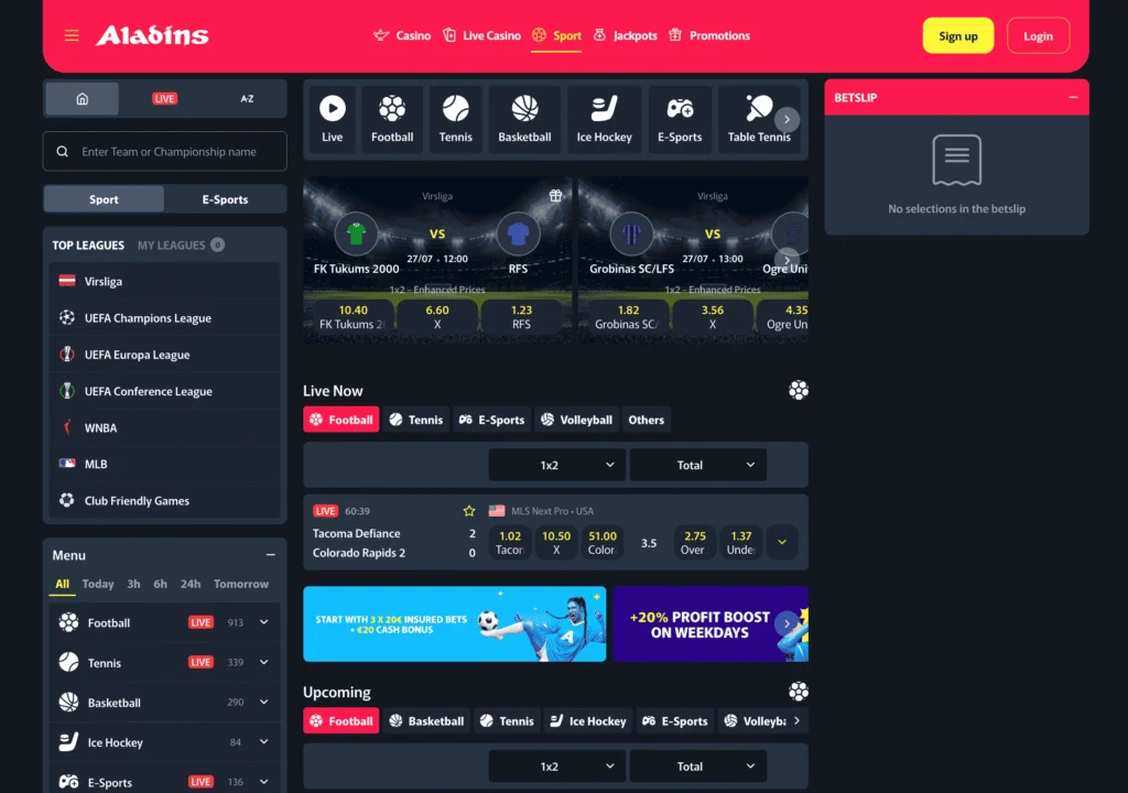 Aladins sportsbook covers over 25 different betting markets from Virsliga to eSports and international events.