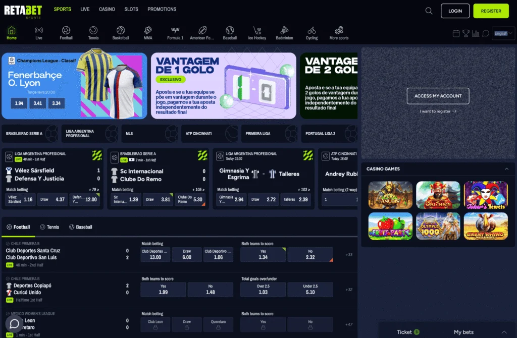 Retabet Portugal shows a similar design to their Spanish and Peru operations. Easily flip between sports betting and casino games.