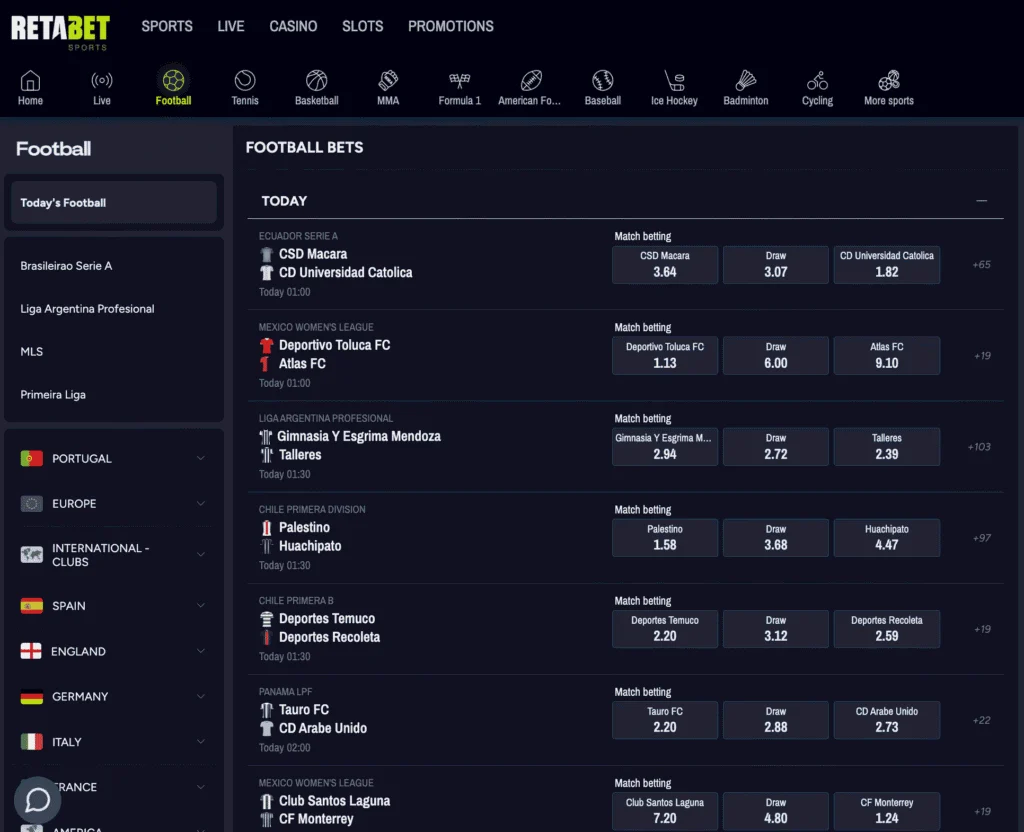 Retabet sportsbook displays a deep offer on football bets with live betting markets, pre-match, and live streaming on select games.