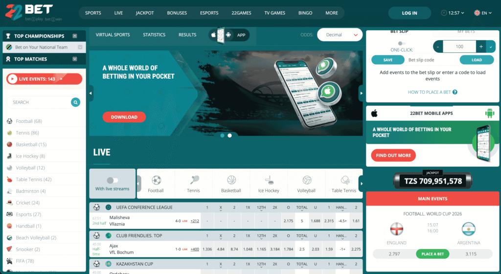22bet is an online betting site which shines for worldwide availability and localization. The brand supports crypto and fiat payment methods and a vast gaming product offering a full sportsbook and casino alongside lottery, bingo, TV Games, and more. New customers can claim a 100% deposit match welcome bonus.