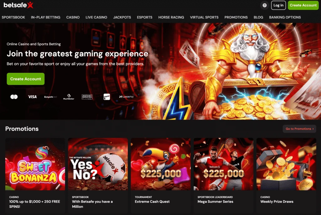 Betsafe's homepage gives a trustworthy feeling and simple navigation across their core gaming products.