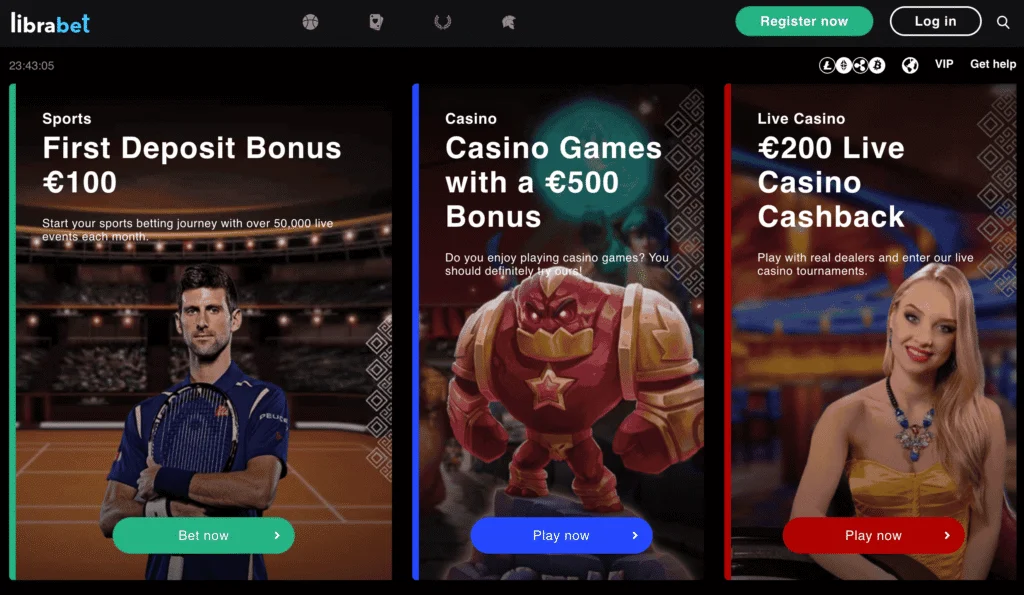 LibraBet homepage shows navigation to their sports welcome bonus, casino bonus, or live casino welcome offer.
