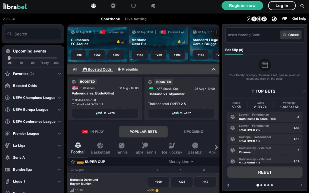 LibraBet sportsbook shows prematch and live betting odds alongside daily odds boost markets.
