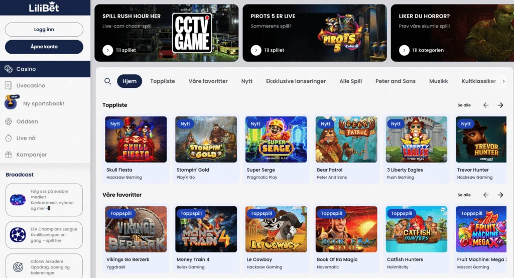 Lilibet casino page shows trending slot games and sections dedicated to live casino and slot titles.