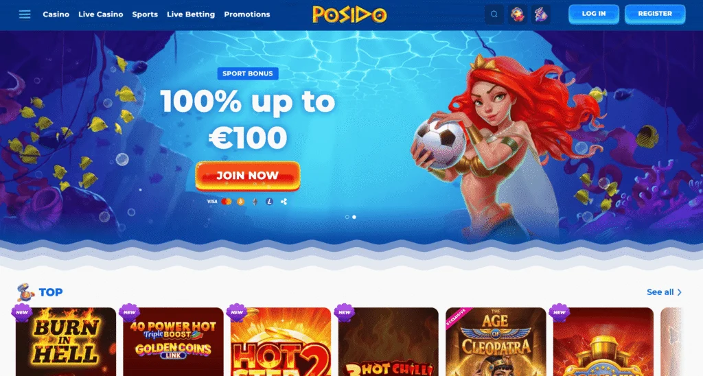 Posido homepage shows an underwater theme with clear navigation to sports betting and casino verticals.