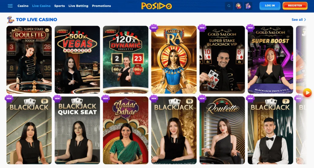 Posido live casino shows basic games such as blackjack and roulette.