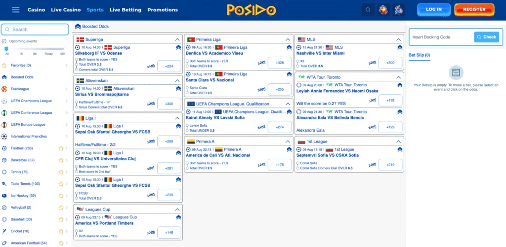 Posido odds boost section shows several enhanced prices across football bets, both single and pre-built combo tickets.