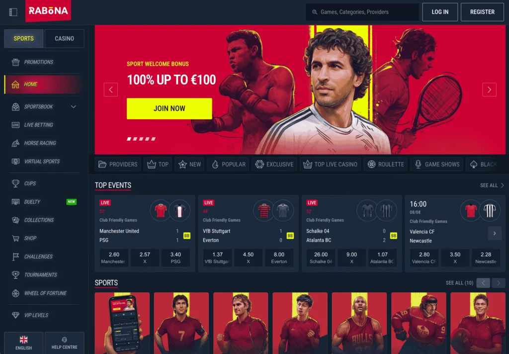 Rabona homepage allows players to navigate through a number of sports categories, a dedicated racing section, alongside a full casino product.