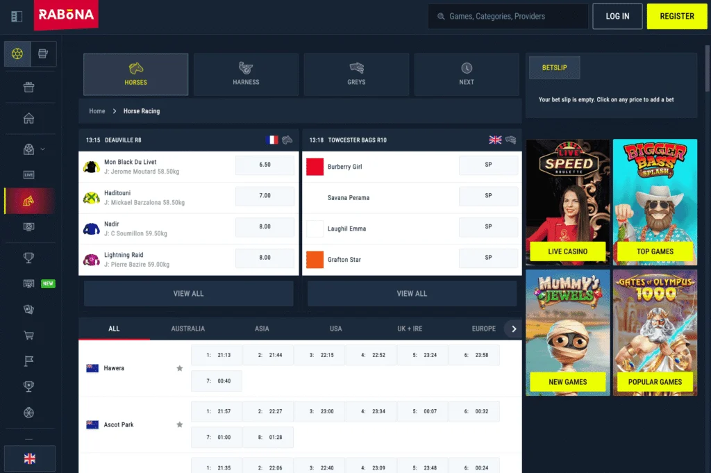 Rabona racing section shows markets across horse racing, greyhounds, and harness (trotting) with international coverage.