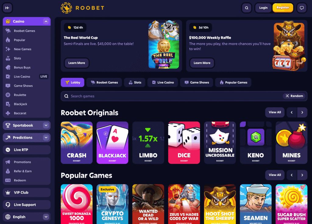 Roobet's casino offer is tough to complain about. You can find original titles such as crash, backjack, mines, along with live casino titles from top providers Pragmatic Play and Evolution, plus slot games from over 70 providers. A truly complete crypto casino offering.