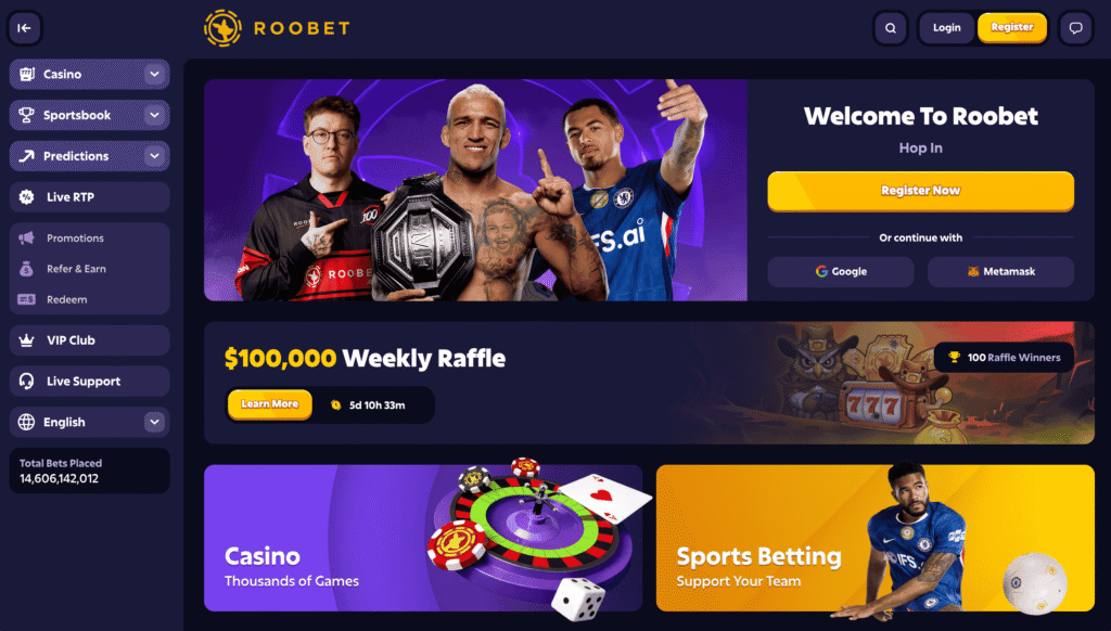 Roobet is an established crypto casino and betting site with original games, top providers, and player-friendly reputation. Deposit with crypto, fiat, and local options like Interac e-transfer, PIX, WebPay, and UPI.