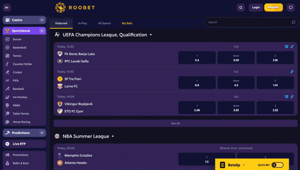 Roobet hosts one of the most complete sportsbooks you'll find across any modern betting site. Bet on sports, horse racing, harness racing, and greyhounds. International markets covered, from Australia to Ireland, France, Canada, and the USA. Betbuilder available on nearly all matches for same-game parlays with competitive odds.