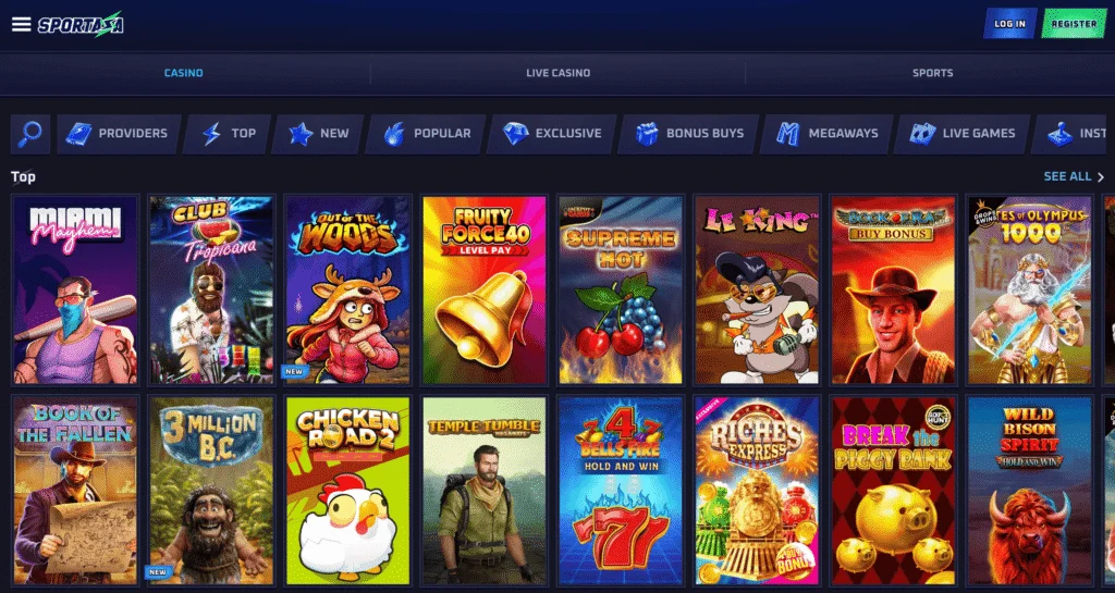 Sportaza casino shows easy navigation between slots and live games and the ability to filter by provider, game type, and more.